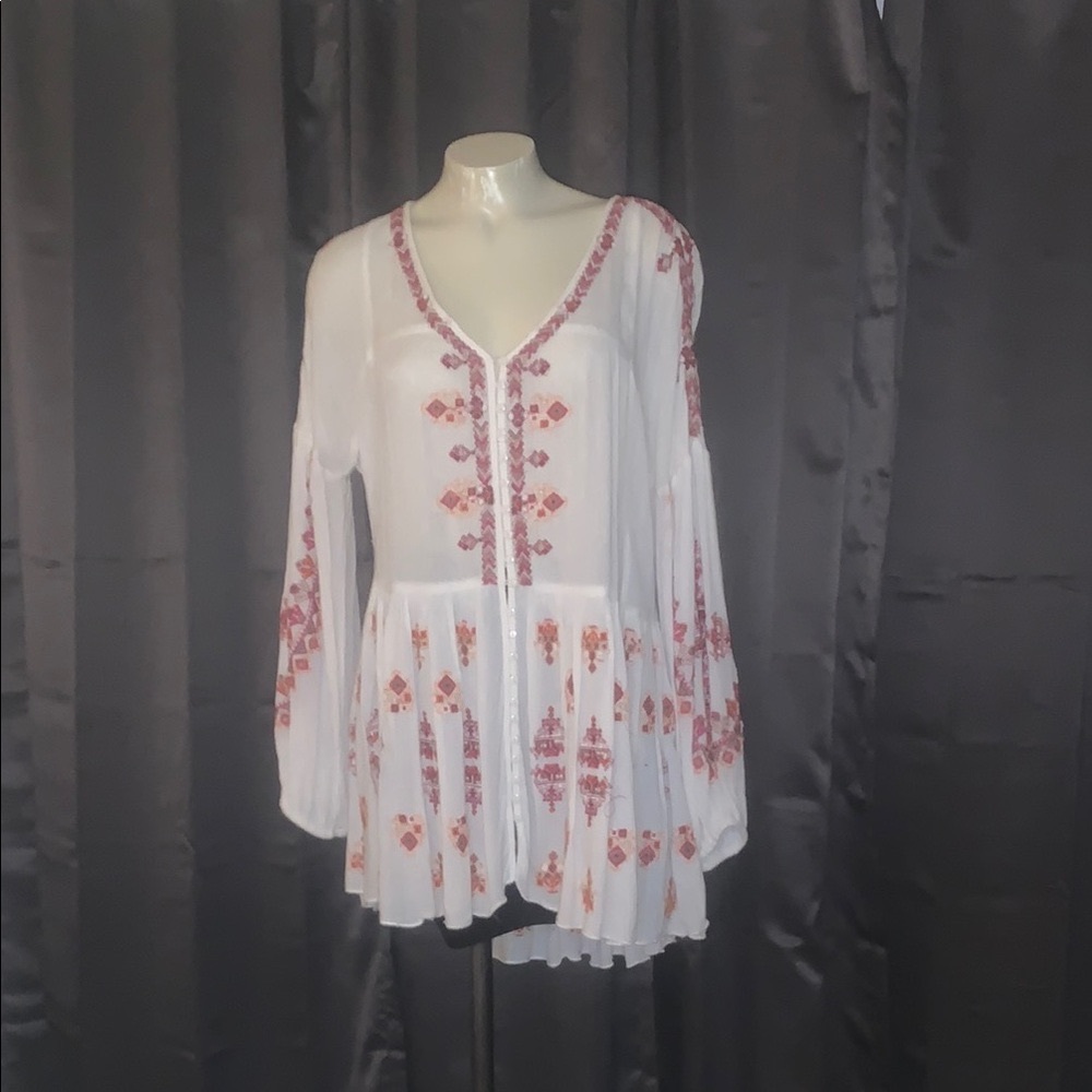 Free People White Long Sleeve Blouse with Tie Front and Ruffled Details